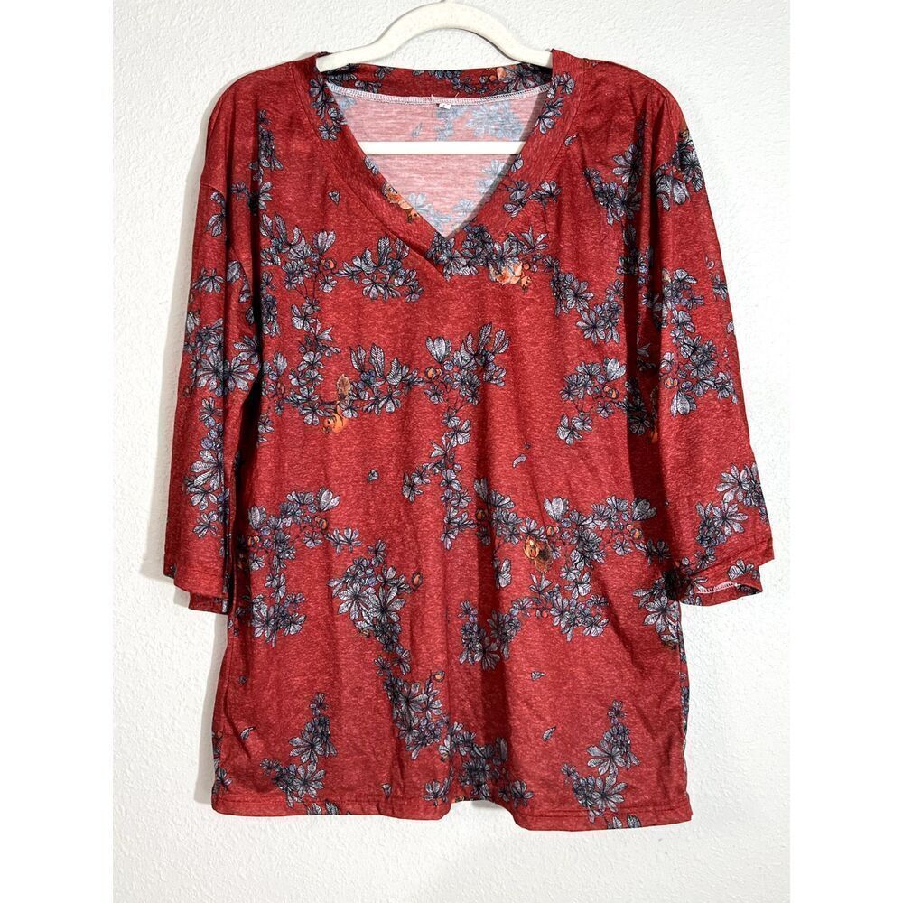 Red Floral 3/4 Sleeve Womens Lightweight V-Neck Blouse (L)